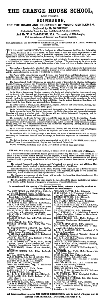 Grange House School took two pages of advertising in the 1857 edition of Directory to noblemen and gentlemen's seats, villages, etc., in Scotland