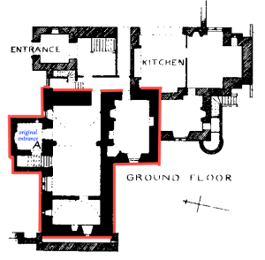 The 16th century structure is outlined in red within a ground floor plan of the Victorian mansion. The original entrance is labelled in blue.