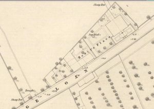 The 1853 map shows the new pair of villas, the subdivisions of the old building, and garden layout at "Hewit's Place".