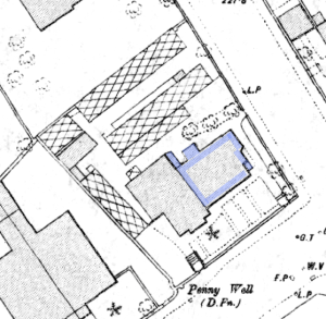 Glass houses and frames in the Mackenzies' garden, shown by cross-hatching. From 1893 map after JM's death when his son was running the business. Their original cottage is colourd blue. They rented out the later house next door.