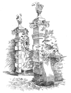 Ornamental gate pillars and stone wyverns marked the southern entrance. Usually said to be from the 17th century.