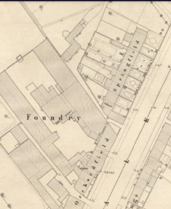 1851: Shotts foundry. new houses and gardens in Springfield and Orchardfield.OS map reproduced with permission from the Naional Library of Scotland.